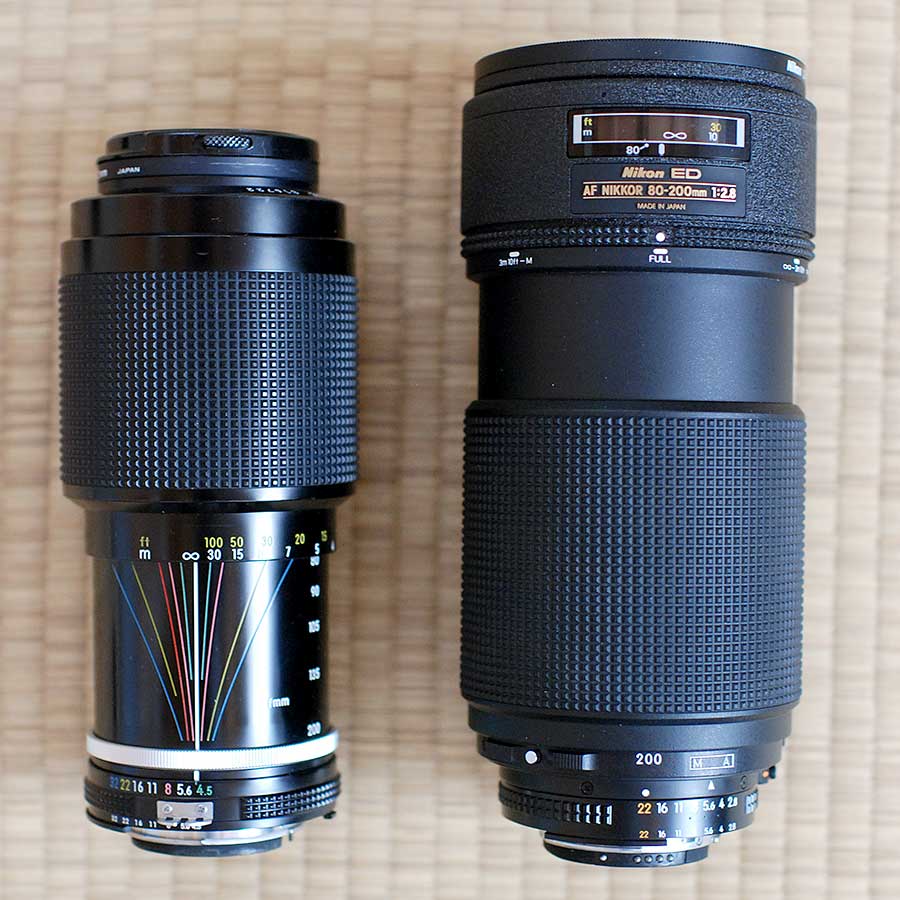 Ai 80-200mm f/4.5とAiAF 80-200mm f/2.8の大きさ比較